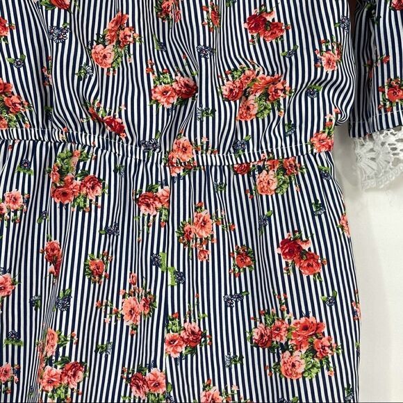 My Michelle Blue and White Striped Floral Romper - Picture 5 of 13